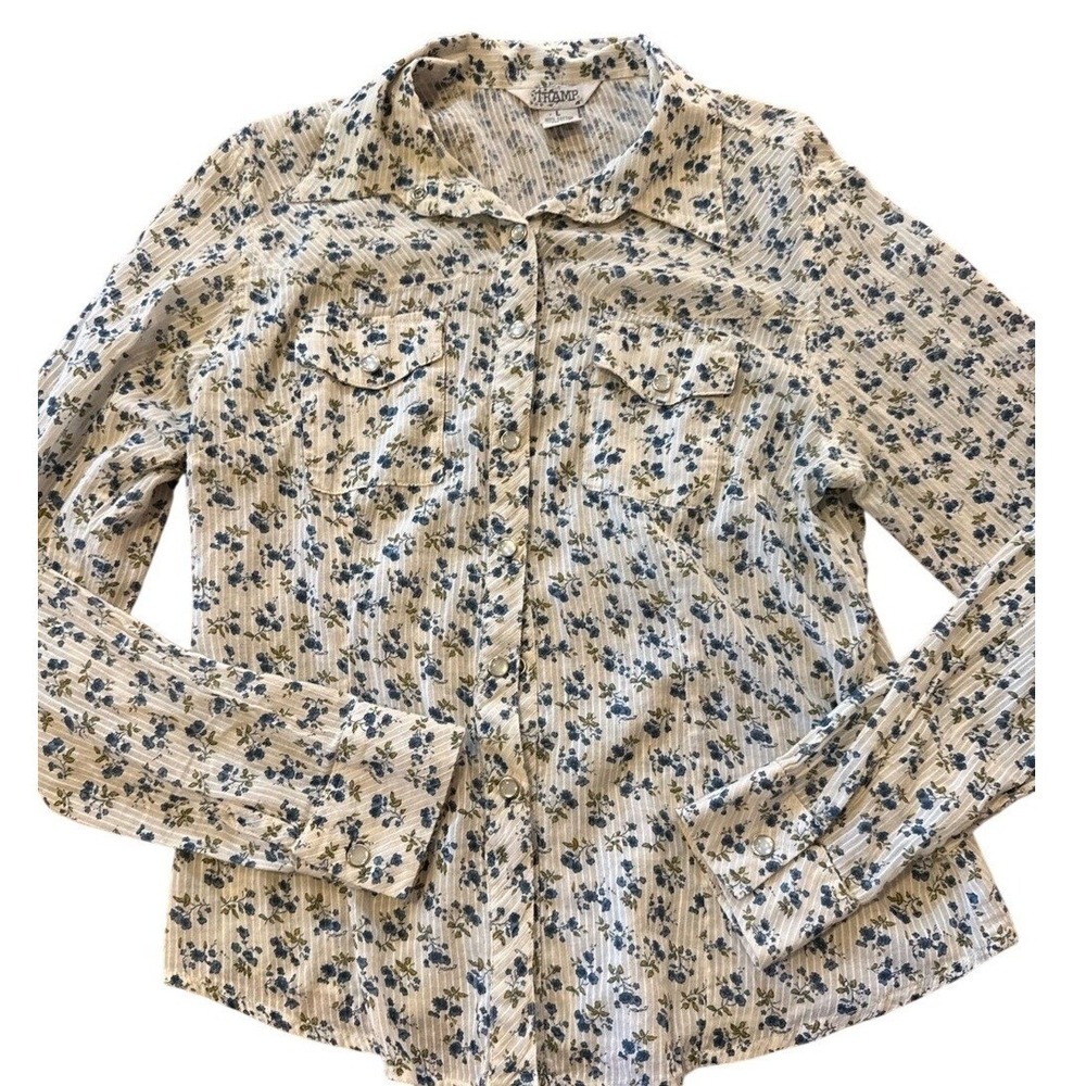 Tramp Womens Blue Floral Dobby Stripe Western Pearl Snap Shirt Large Cotton